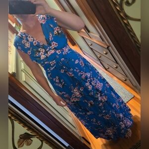 Blue Floral V-Neck Maxi Dress